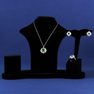 Niche snowflake crystal jewelry set wholesale featuring a central round gemstone surrounded by a cluster of marquise CZ crystals with matching stud earrings and ring from junejewelry.com