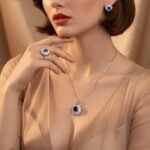 Niche snowflake crystal jewelry set wholesale featuring a central round gemstone surrounded by a cluster of marquise CZ crystals with matching stud earrings and ring from junejewelry.com