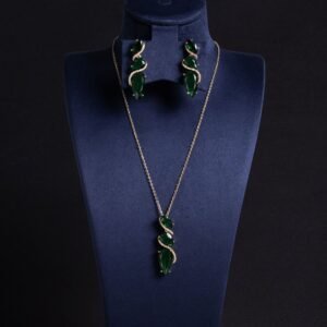 Niche cascading teardrop zircon jewelry set wholesale featuring a vertical geometric arrangement of gradient teardrop stones wrapped in a micro-pave wave with matching drop earrings from junejewelry.com