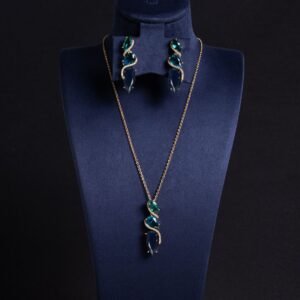 Niche cascading teardrop zircon jewelry set wholesale featuring a vertical geometric arrangement of gradient teardrop stones wrapped in a micro-pave wave with matching drop earrings from junejewelry.com