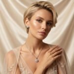 Niche round halo zircon jewelry set wholesale featuring a brilliant round-cut central crystal surrounded by a pave cubic zirconia halo with matching stud earrings from junejewelry.com