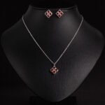 Niche geometric square zircon jewelry set wholesale featuring four princess-cut crystals arranged in a diamond-oriented quad setting with matching stud earrings from junejewelry.com