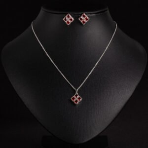Niche geometric square zircon jewelry set wholesale featuring four princess-cut crystals arranged in a diamond-oriented quad setting with matching stud earrings from junejewelry.com