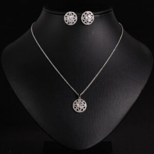 Niche circular starburst zircon jewelry set wholesale featuring a round openwork starburst pendant centered with a princess-cut crystal and matching stud earrings from junejewelry.com