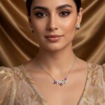 Niche triple flower crystal jewelry set wholesale featuring a curved garland of pave CZ flowers with teardrop crystal accents and matching floral stud earrings from junejewelry.com