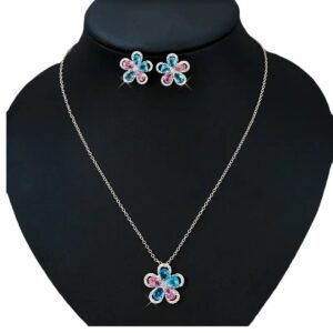 Niche five petal flower zircon jewelry set wholesale featuring a five-petal floral motif made of halo-framed pear cubic zirconia gems with matching stud earrings from junejewelry.com