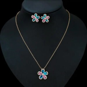 Niche five petal flower zircon jewelry set wholesale featuring a five-petal floral motif made of halo-framed pear cubic zirconia gems with matching stud earrings from junejewelry.com