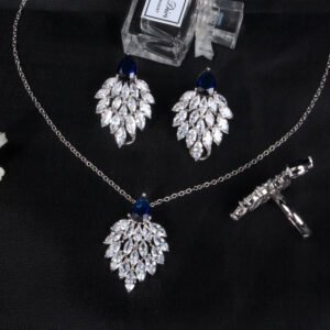 Niche feather crystal cluster jewelry set wholesale featuring marquise CZ leaf cluster pendants topped with pear-cut colored gemstones with matching earrings and ring from junejewelry.com