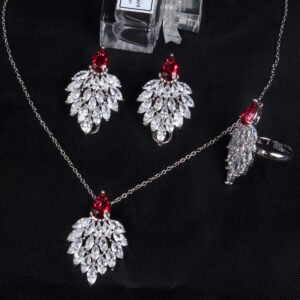 Niche feather crystal cluster jewelry set wholesale featuring marquise CZ leaf cluster pendants topped with pear-cut colored gemstones with matching earrings and ring from junejewelry.com