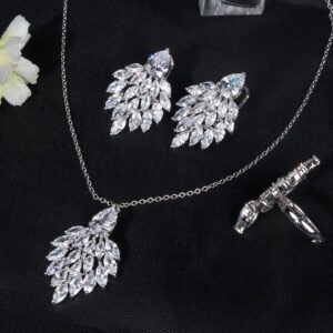 Niche feather crystal cluster jewelry set wholesale featuring marquise CZ leaf cluster pendants topped with pear-cut colored gemstones with matching earrings and ring from junejewelry.com