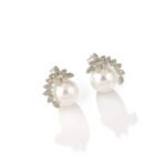 Niche elegant pearl crescent necklace earring set wholesale featuring a micro-pave cubic zirconia curved cap accentuating a lustrous round pearl pendant with matching stud earrings from junejewelry.com