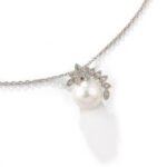 Niche elegant pearl crescent necklace earring set wholesale featuring a micro-pave cubic zirconia curved cap accentuating a lustrous round pearl pendant with matching stud earrings from junejewelry.com