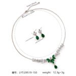 Niche vine crystal drop jewelry set wholesale featuring a marquise cubic zirconia leaf garland necklace with a dangling teardrop gem pendant and matching teardrop earrings from junejewelry.com