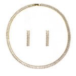 Baguette CZ tennis jewelry set wholesale including necklace, drop earrings, and tennis bracelet featuring emerald-cut cubic zirconia on 18K gold and palladium plated copper.