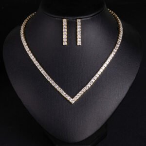 Square CZ V-necklace set wholesale including V-shaped tennis necklace and matching linear dangle drop earrings featuring princess-cut cubic zirconia on 18K gold and palladium plated copper base.