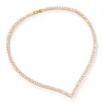 Square CZ V-necklace set wholesale including V-shaped tennis necklace and matching linear dangle drop earrings featuring princess-cut cubic zirconia on 18K gold and palladium plated copper base.