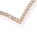 Square CZ V-necklace set wholesale including V-shaped tennis necklace and matching linear dangle drop earrings featuring princess-cut cubic zirconia on 18K gold and palladium plated copper base.