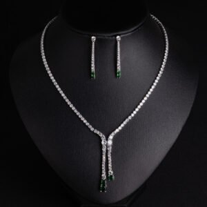 Niche lariat tennis necklace jewelry set wholesale featuring a Y-shaped drop tennis necklace and linear dangle drop earrings with sparkling cubic zirconia accents from junejewelry.com