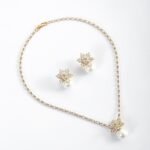 Niche snowflake pearl pendant jewelry set wholesale featuring a cubic zirconia tennis necklace with a snowflake crystal star burst and smooth pearl pendant, paired with matching pearl drop earrings from junejewelry.com