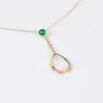 Niche teardrop shell pearl zircon jewelry set wholesale featuring a pear-shaped mother-of-pearl drop topped with a round green agate gem and crystal linear chain, paired with matching drop earrings from junejewelry.com