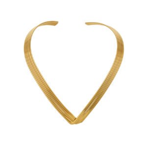 Model wearing 18K gold plated multi-strand layered V-shaped collar choker necklace