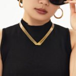Model wearing 18K gold plated multi-strand layered V-shaped collar choker necklace