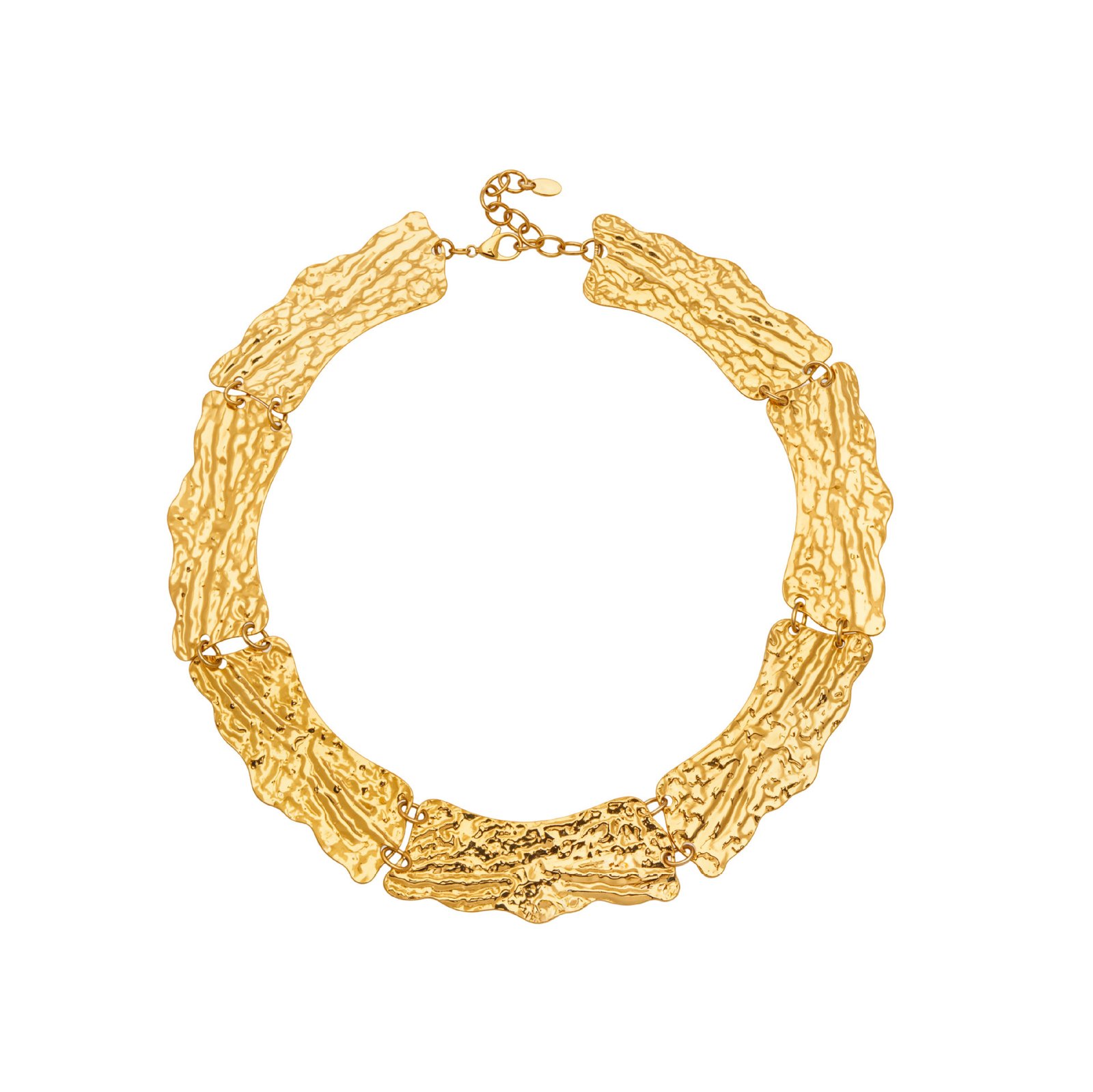 NP845 (7) Model wearing 18K gold plated textured curved plate statement collar choker necklace