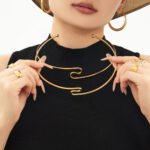 Model wearing 18K gold plated minimalist open wave torque choker necklace