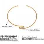 Model wearing 18K gold plated minimalist open wave torque choker necklace