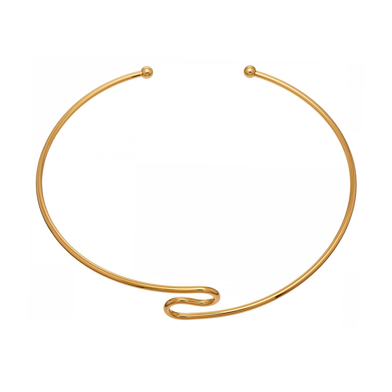 NP847 (5) Model wearing 18K gold plated minimalist open wave torque choker necklace