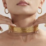 Gold and silver multi strand wire choker necklace, cuff bangle, and statement ring set model preview