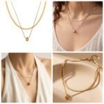 Model wearing double layer gold teardrop pendant necklace with flat snake chain