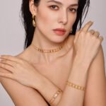 Stainless steel gold double layer chain necklace and matching bracelet set featuring geometric rhombus dangling charms.
