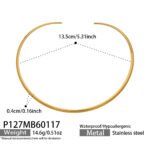Model wearing gold plated minimalist rigid wire torque collar choker necklace in stainless steel