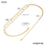 Stainless steel gold double layer chain necklace and matching bracelet set featuring geometric rhombus dangling charms.