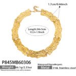 Model wearing 18K gold plated textured curved plate statement collar choker necklace