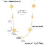 Stainless steel gold star jewelry set featuring long station sweater necklace, drop earrings, and star statement ring.