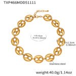 Stainless steel chunky coffee bean link chain necklace and matching bracelet set in gold, silver, and two-tone finishes.