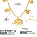 18K gold plated stainless steel elephant charm necklace and bracelet set featuring a prominent central elephant pendant and smaller charm accents on a beaded ball chain.