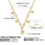 Stainless steel celestial star and cubic zirconia crescent moon charm necklace and matching charm bracelet set in gold and two-tone finishes.