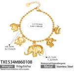 18K gold plated stainless steel elephant charm necklace and bracelet set featuring a prominent central elephant pendant and smaller charm accents on a beaded ball chain.