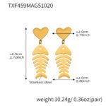 Stainless steel gold fishbone and heart jewelry set featuring long station sweater necklace, drop earrings, and fishbone statement ring.