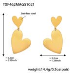 Stainless steel gold heart jewelry set featuring a long station sweater necklace, double heart drop earrings, and a large heart statement ring.