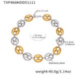 Stainless steel chunky coffee bean link chain necklace and matching bracelet set in gold, silver, and two-tone finishes.
