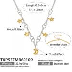 Stainless steel celestial star and cubic zirconia crescent moon charm necklace and matching charm bracelet set in gold and two-tone finishes.