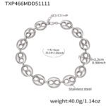 Stainless steel chunky coffee bean link chain necklace and matching bracelet set in gold, silver, and two-tone finishes.
