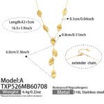 Gold plated hammered leaf and round disc lariat Y necklace and drop earrings in 316L stainless steel