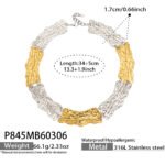 Model wearing 18K gold plated textured curved plate statement collar choker necklace