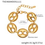 Stainless steel chunky coffee bean link chain necklace and matching bracelet set in gold, silver, and two-tone finishes.