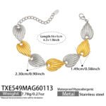 Textured ribbed seashell motif link necklace and bracelet set in two-tone gold and silver stainless steel finishes.